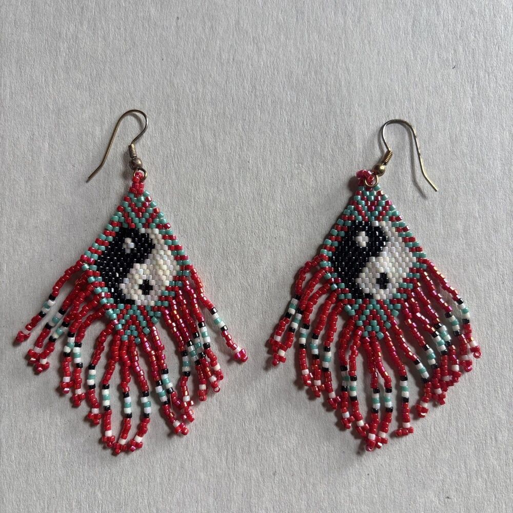 Yin Yang Beaded Fringe Earrings Handmade 2.5" Tribal Native American Indian